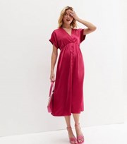 Cameo Rose Bright Pink Satin Midi Wrap Dress